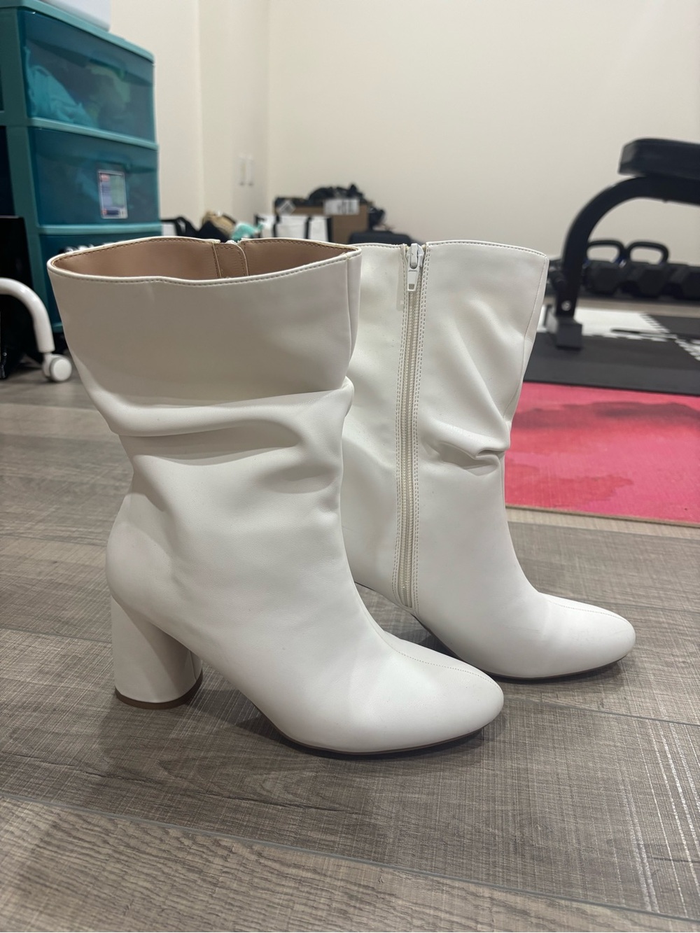 Public Desire White Mid-Calf Slouch Block Heel Boots
